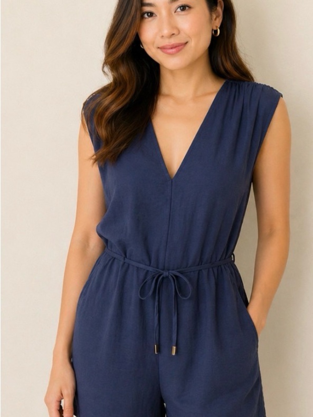 Anthropologie  Bishop + Young Harlowe Blue Romper Womens Sz L Cap Sleeve -NWT